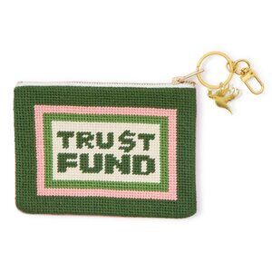 NWT Two's Company "Trust Fund" Needlepoint Coin Pouch Green Pink Velvet Preppy